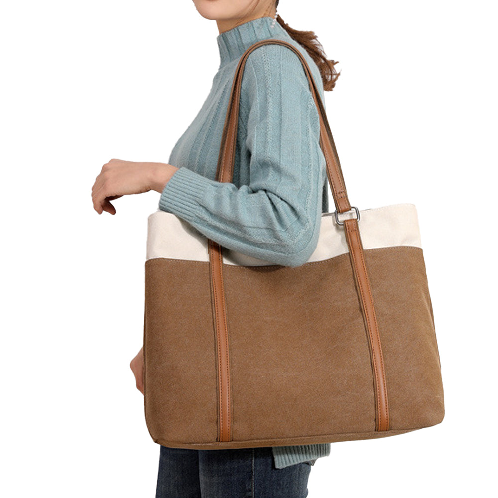 Women Laptop Tote Bag Canvas Handbag 15.6 Inch Work Shoulder Bag - Brown