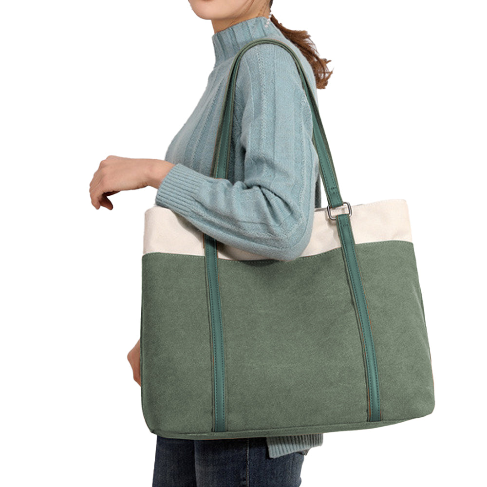 Women Laptop Tote Bag Canvas Handbag 15.6 Inch Work Shoulder Bag - Green