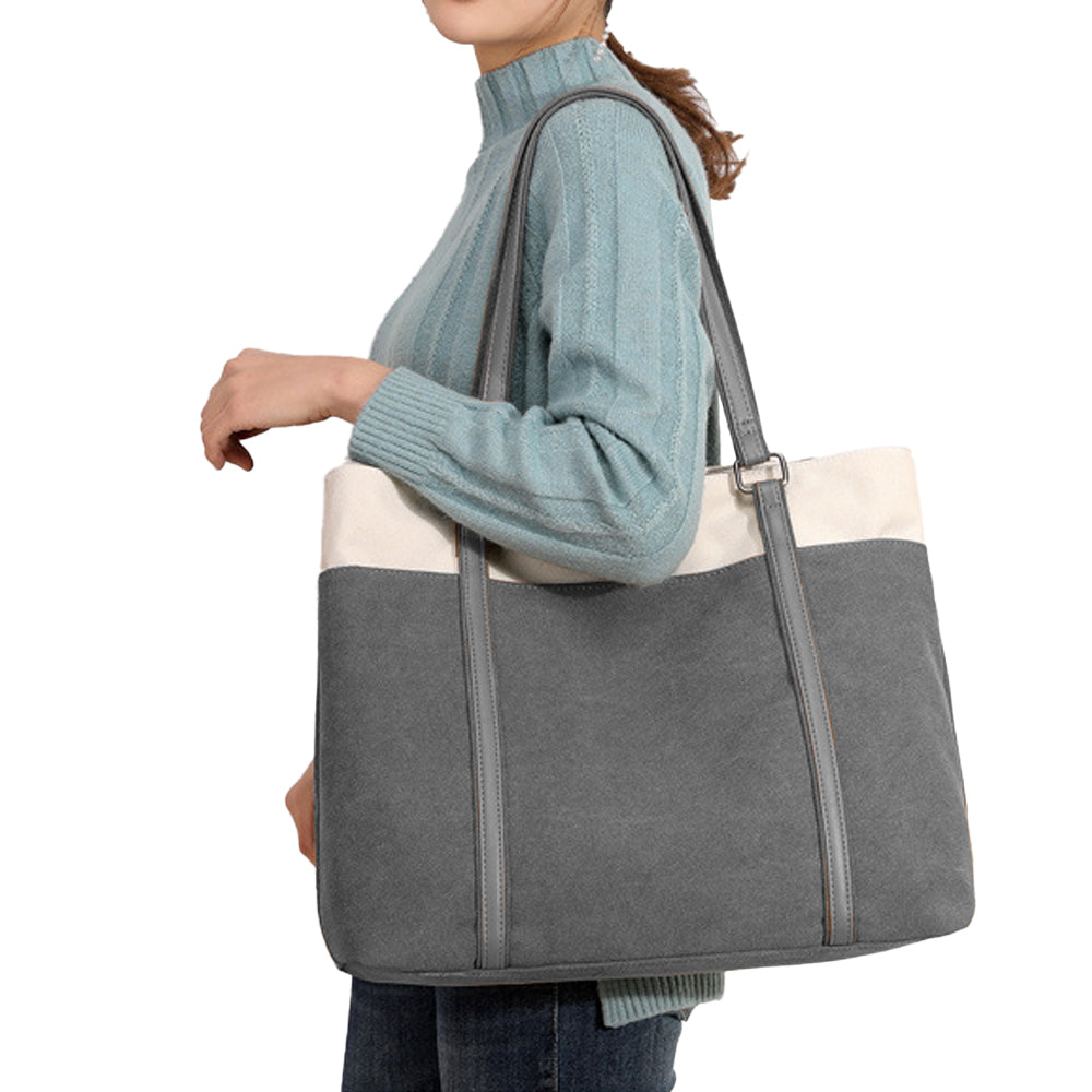 Women Laptop Tote Bag Canvas Handbag 15.6 Inch Work Shoulder Bag - Grey
