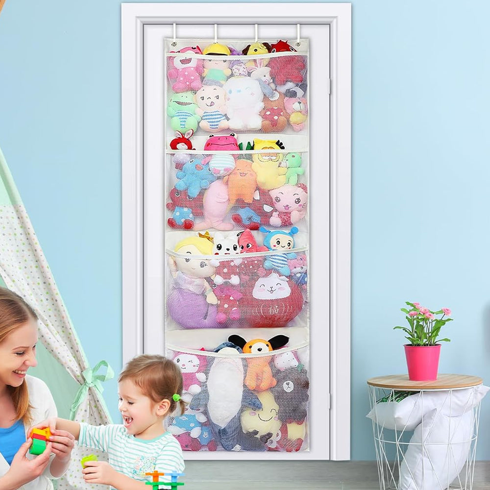 4-Layer Stuffed Animal Storage Hanging Mesh Bag Organizer with Metal Hook-White