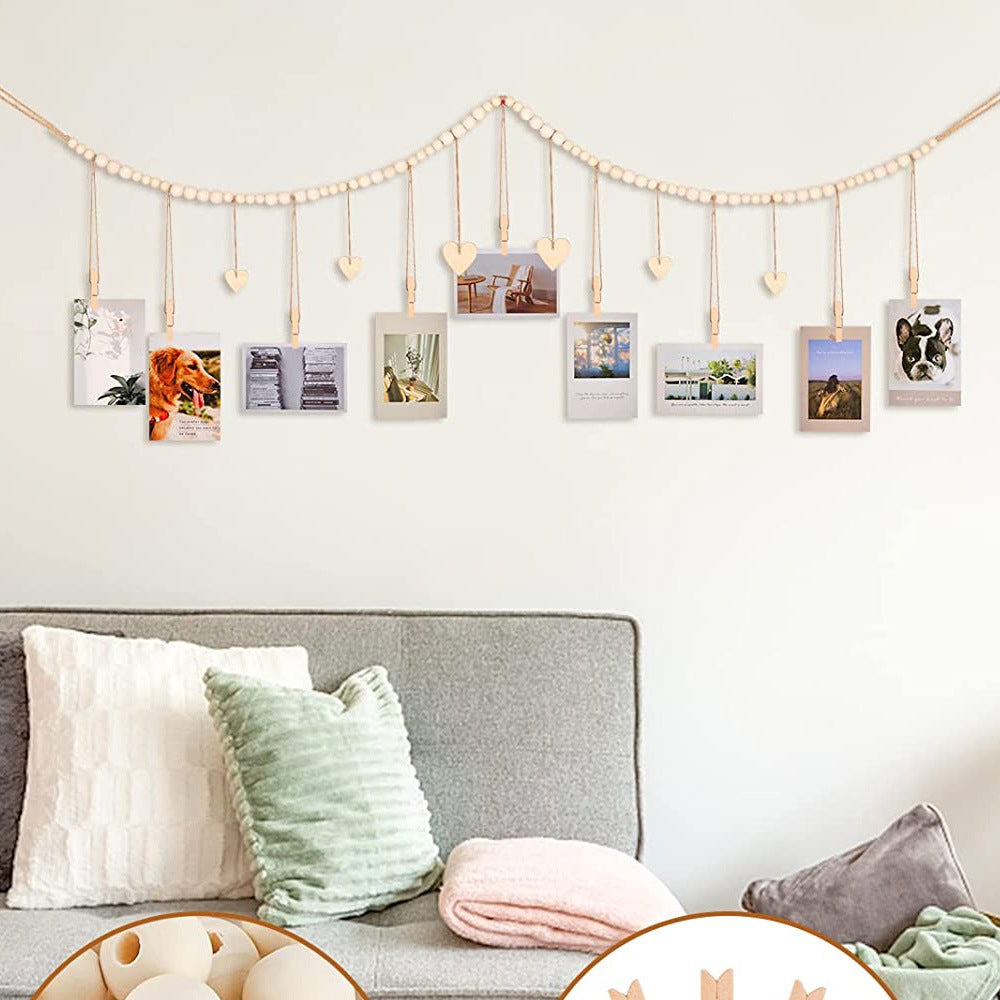 2Pcs Wall Hanging Photo Display Wooden Beads Garland Photo Holders - A