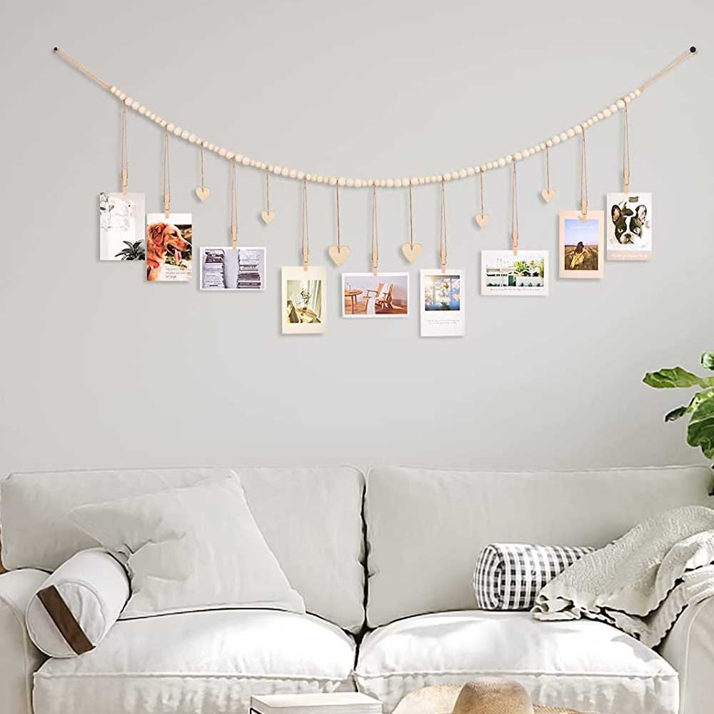 Wall Hanging Photo Display Wooden Beads Garland Photo Holders - B