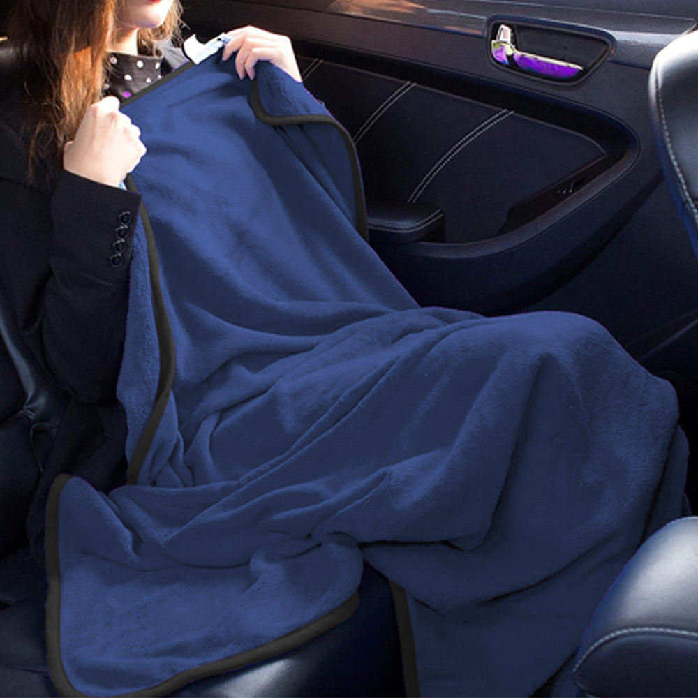 2-in-1 Travel Blanket and Pillow with Hand Luggage Belt and Backpack Clip-Blue