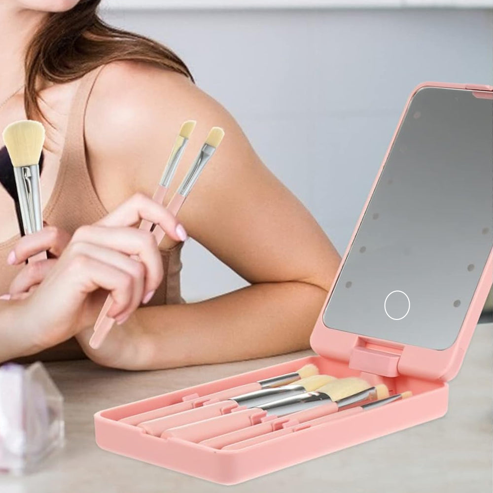Compact LED Makeup Mirror with Cosmetic Brush and Holder Pink