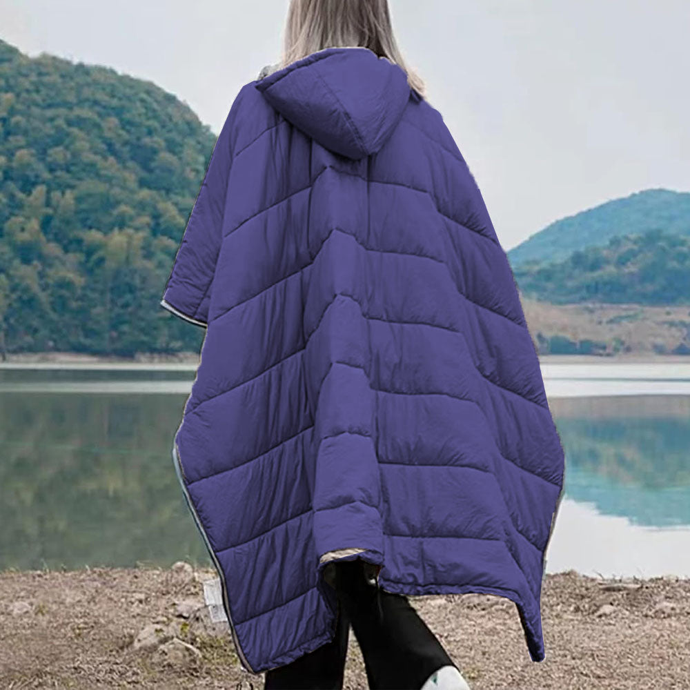 Camping Thermal Poncho Sleeping Bag Wearable Hooded Blanket - Navy Blue