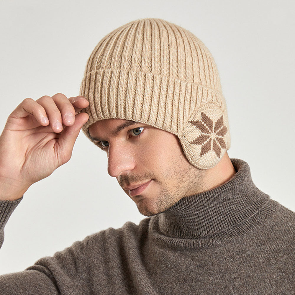 2-in-1 Warm Knitted Ear Flap Beanie Knitted Hat Beige