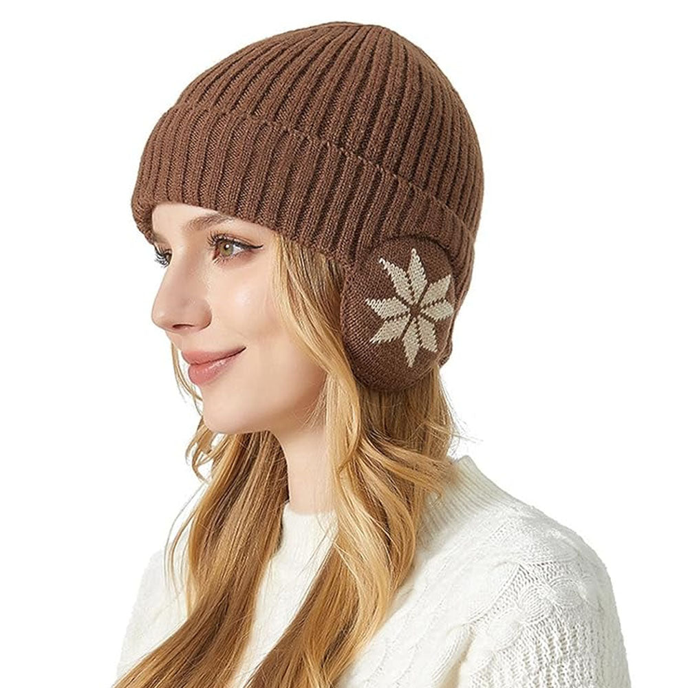 2-in-1 Warm Knitted Ear Flap Beanie Knitted Hat Coffee