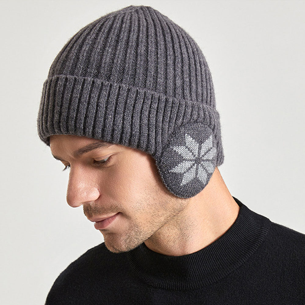 2-in-1 Warm Knitted Ear Flap Beanie Knitted Hat Grey