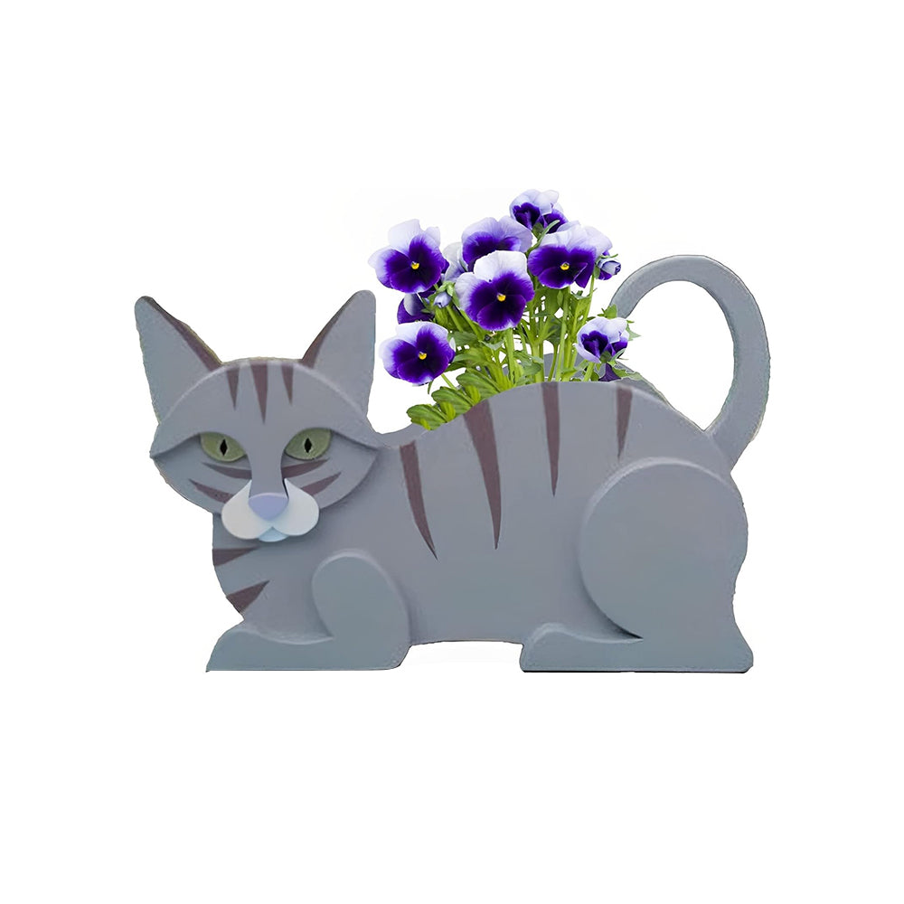 Cat Plant Pot Cute PVC Garden Cat Planter for Indoor Outdoor Plants Grey