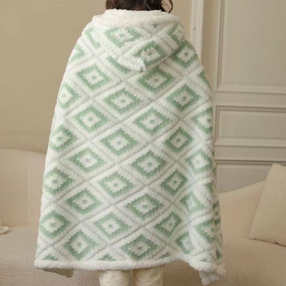 100x150cm Winter Jacquard Thickened Blanket with Hood and Gloves Green
