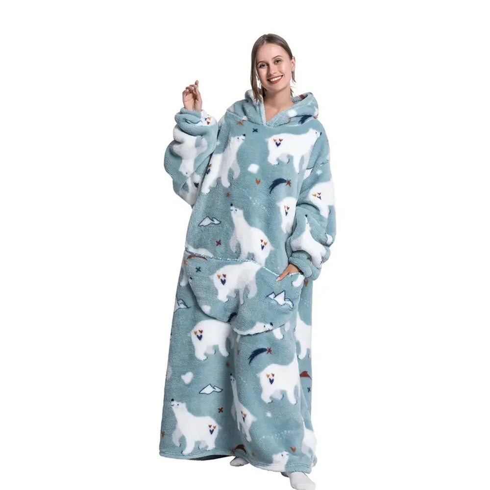 Extra Long Wearable Blanket Hoodie With Big Pocket for Adults White Bear