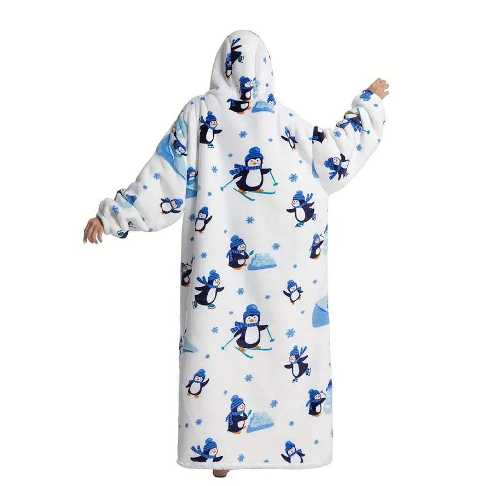 Extra Long Wearable Blanket Hoodie With Big Pocket for Adults Penguin