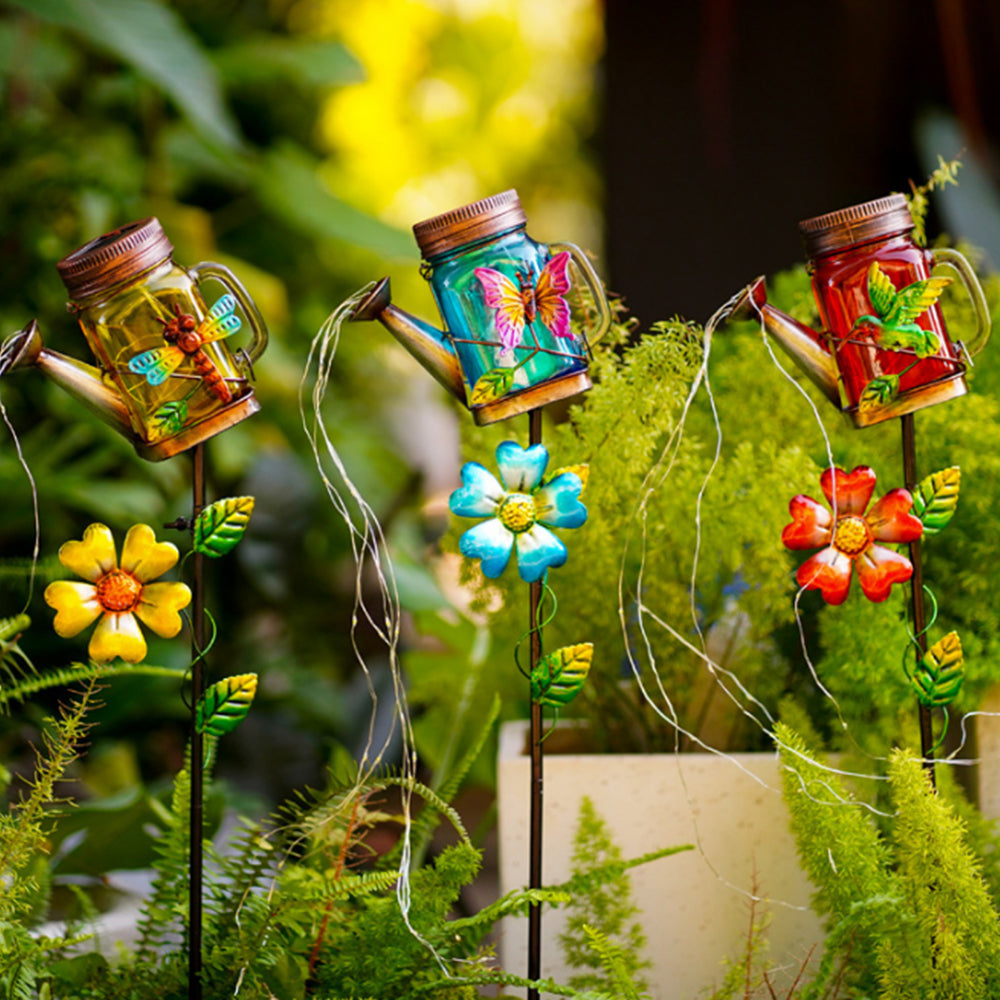2Pcs Solar Watering Can Light Outdoor Water-Resistant Waterfall Lamp Hummingbird