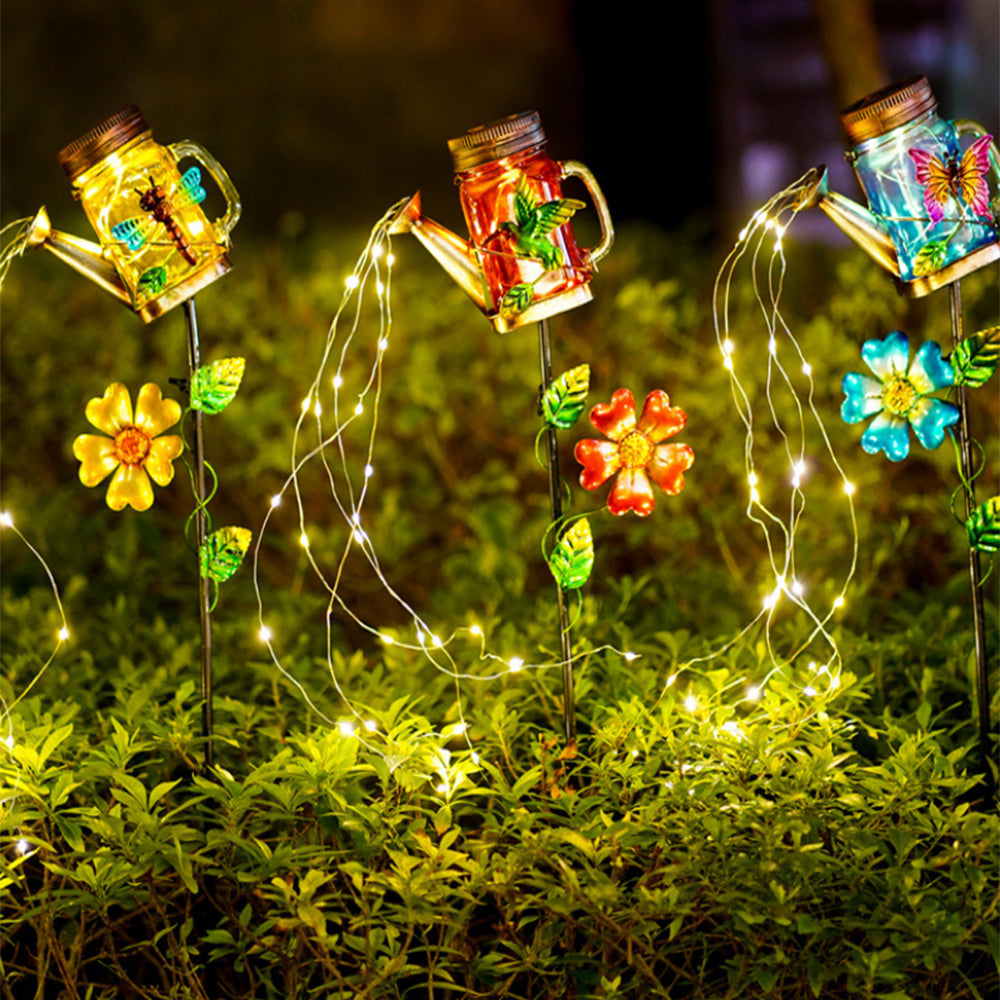 2Pcs Solar Watering Can Light Outdoor Water-Resistant Waterfall Lamp Butterfly