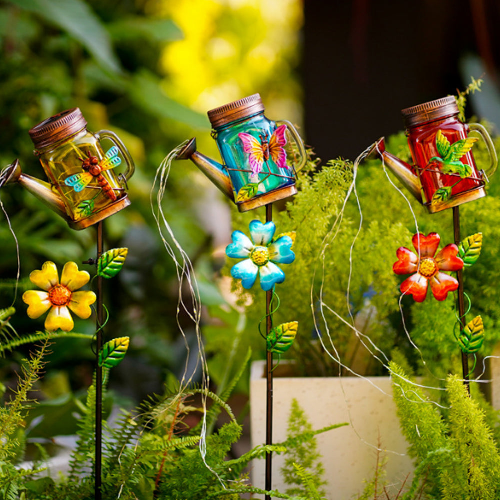 2Pcs Solar Watering Can Light Outdoor Water-Resistant Waterfall Lamp Dragonfly