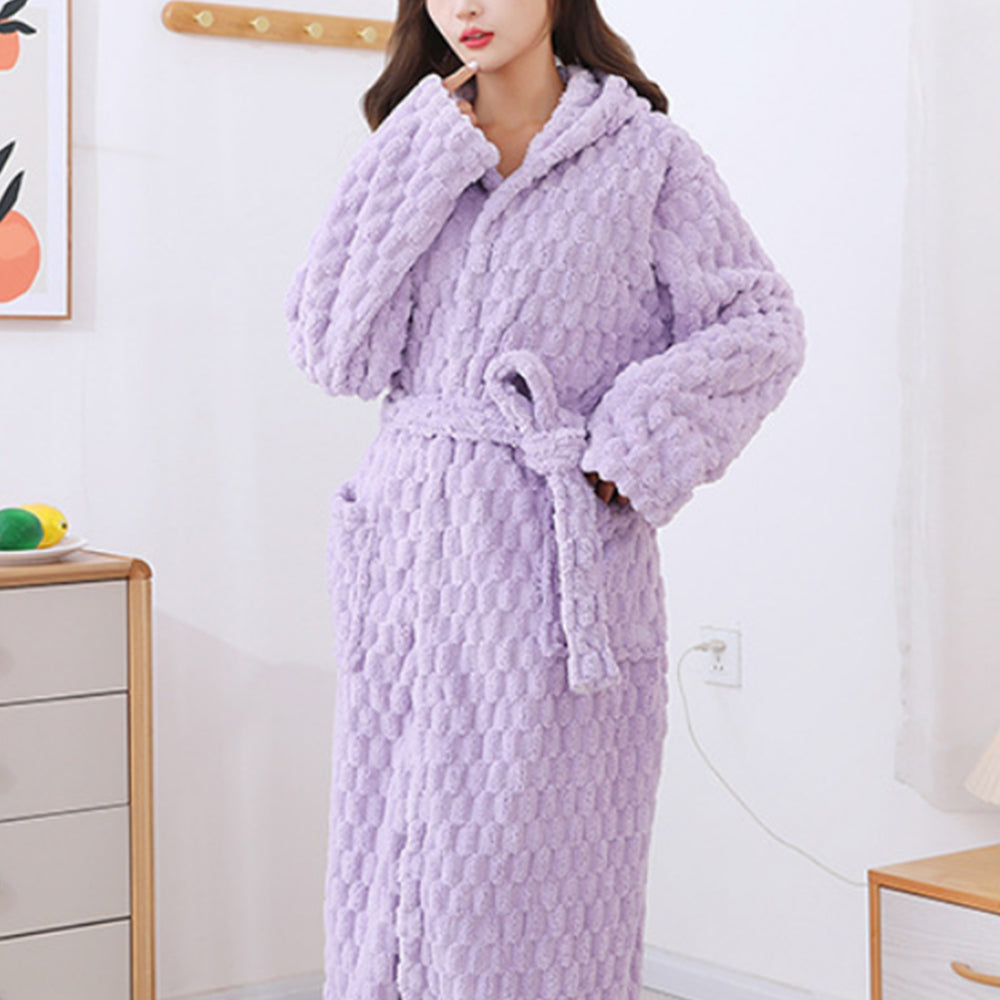 Towelling Wrap Bathrobe Thickened Coral Fleece Dressing Gown Robe Light Purple