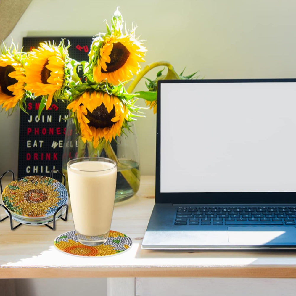 8Pcs Diamond Painting DIY Coasters Cup Mat with Holder Sunflower Pattern