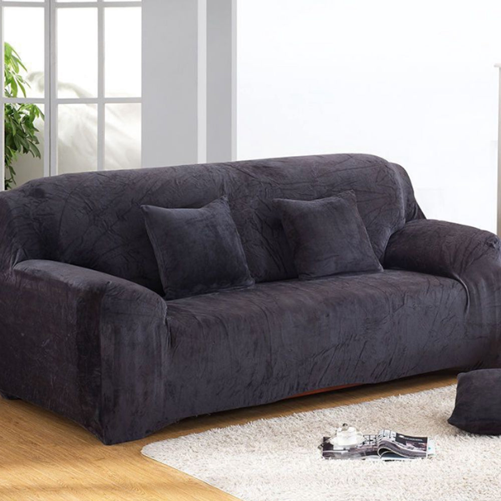 Plush Stretch Couch Sofa Cover Furniture Protector for Double-Seat Dark Grey