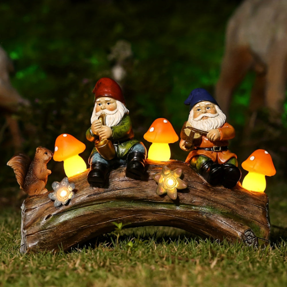 2Pcs Garden Gnome Ornament Statue Solar Light Resin Elf Figurine Outdoor Decor