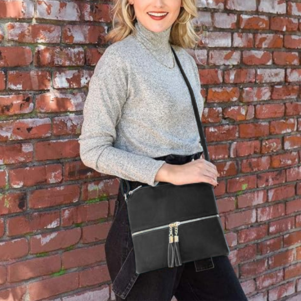 Women Crossbody Messenger Bag Shoulder Bag with Tassel Zipper Black