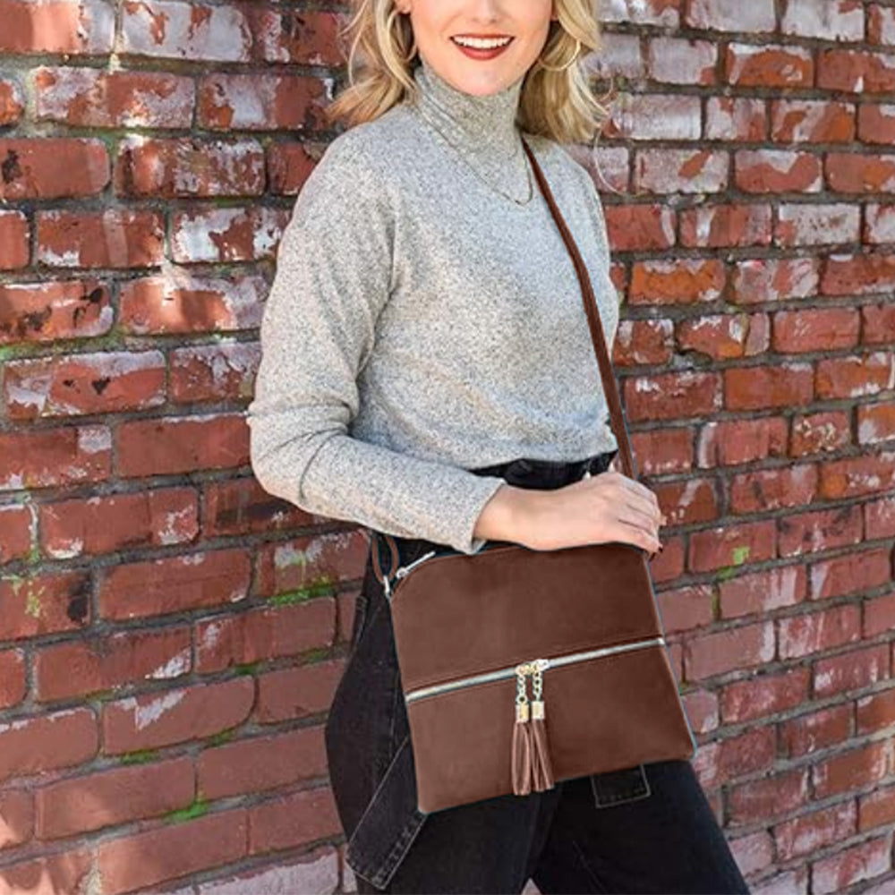 Women Crossbody Messenger Bag Shoulder Bag with Tassel Zipper Brown