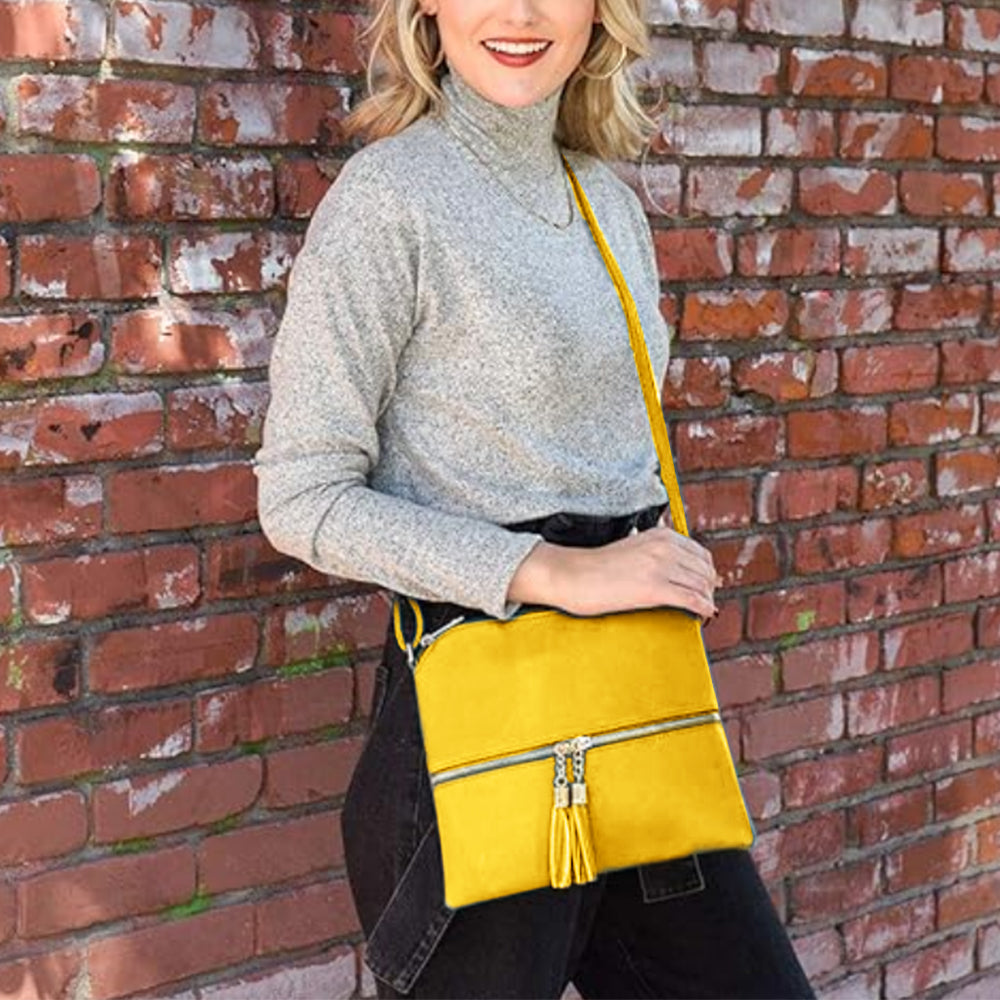 Women Crossbody Messenger Bag Shoulder Bag with Tassel Zipper Yellow