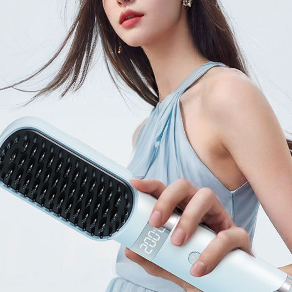 Cordless Hair Straightener Brush USB Rechargeable Negative Ion Hot Comb Blue