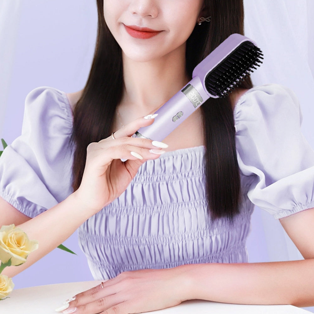Cordless Hair Straightener Brush USB Rechargeable Negative Ion Hot Comb Purple