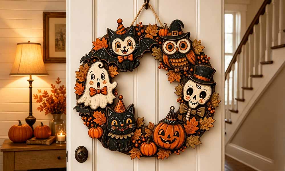 2 Piece Engineered Wood Pumpkin Owl Halloween Hanging Decorations with Ropes