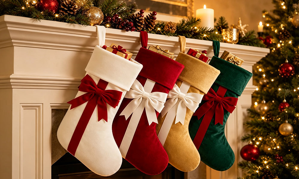 4 PCS Velvet Christmas Stockings with Bows for Fireplace Hanging Decor