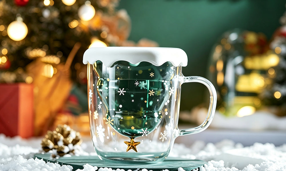 1/2PCS Cartoon Double Wall Christmas Tree Glass Cup with Silicone Lid