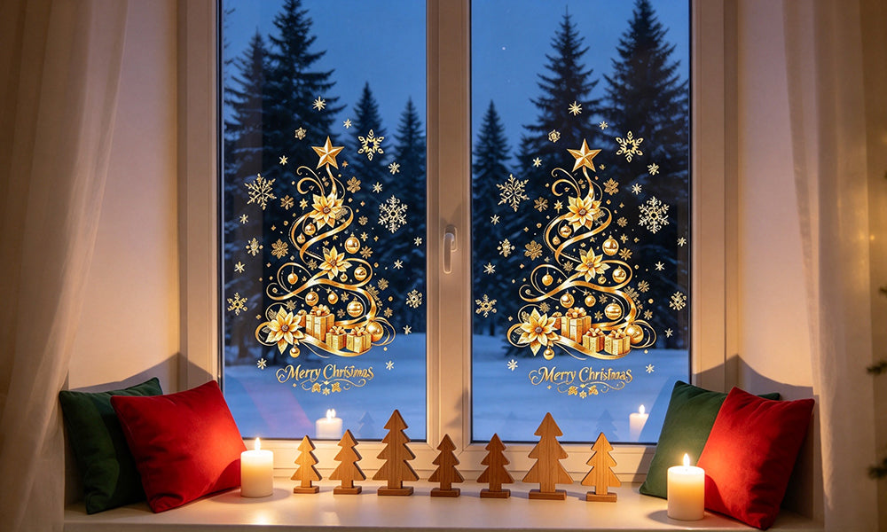 2 PCS Removable Gold Christmas Tree Static Cling Window Decals