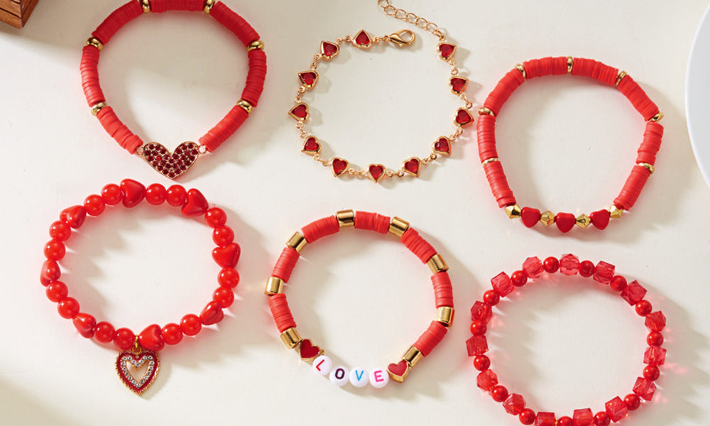 Valentines Day Heart Bracelet Set for Women Six-Piece Layering Jewelry