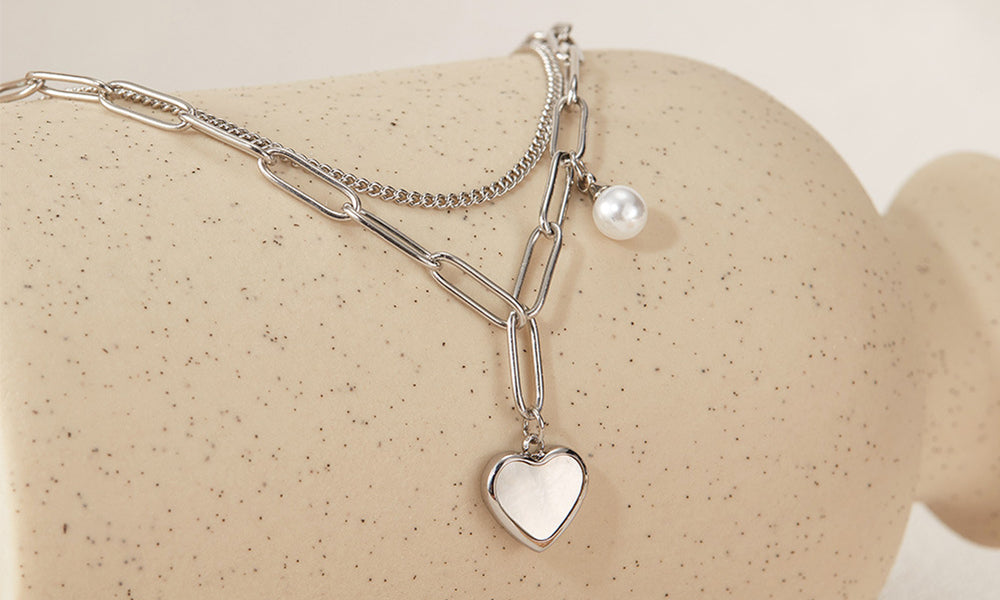 Double Layer Heart Charm Pearl Bracelet for Women Titanium Steel Jewelry