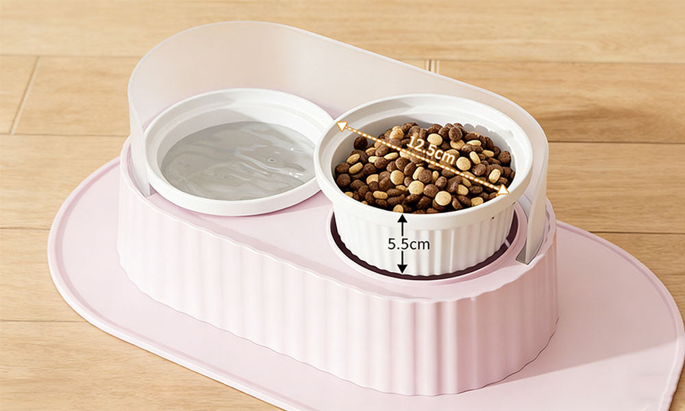 Ceramic Double Bowl Pet Feeding Set with Elevated Stand and Non-Slip Mat