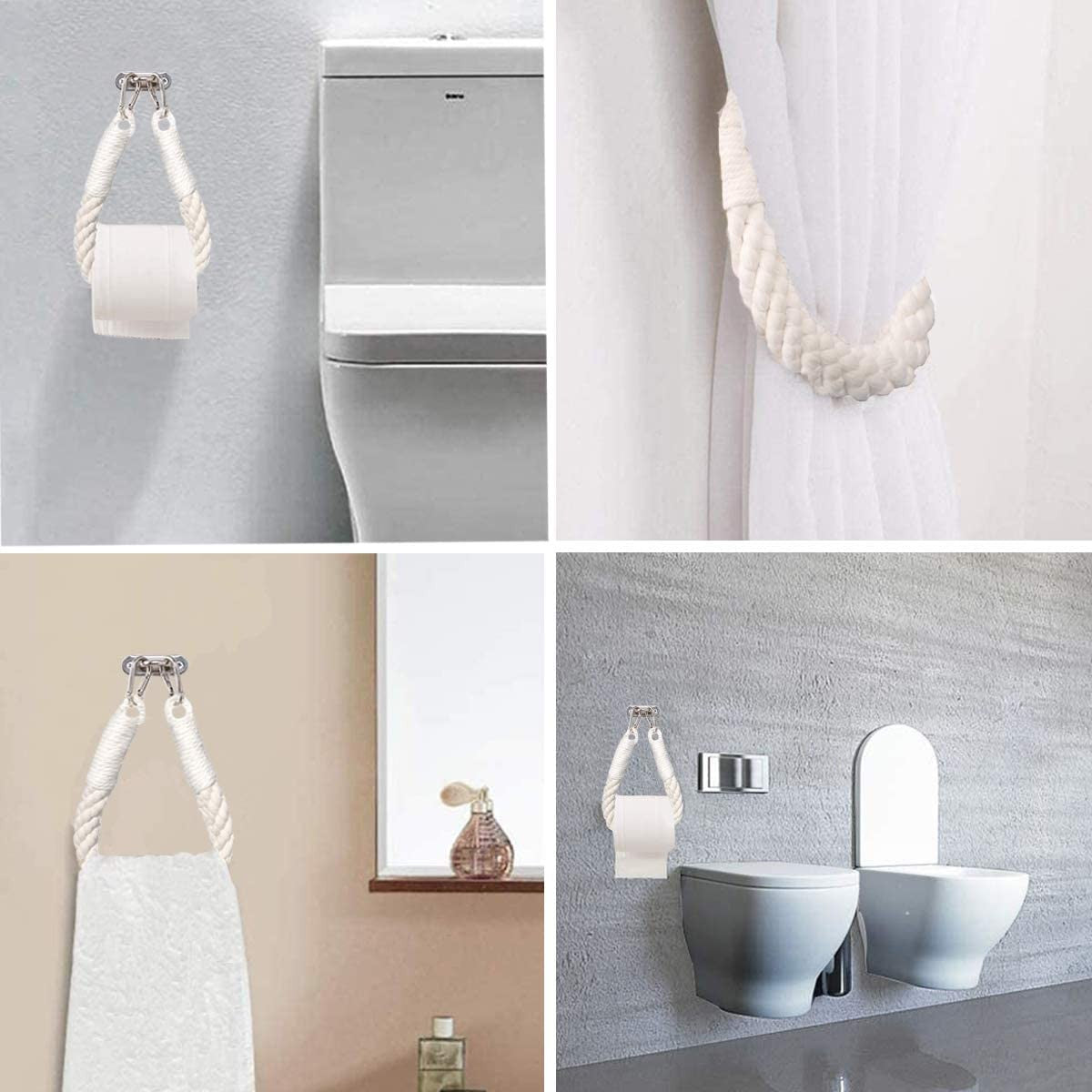 Bathroom Cotton Rope Toilet Paper Holder Wall Mounted Curtain Strap - White
