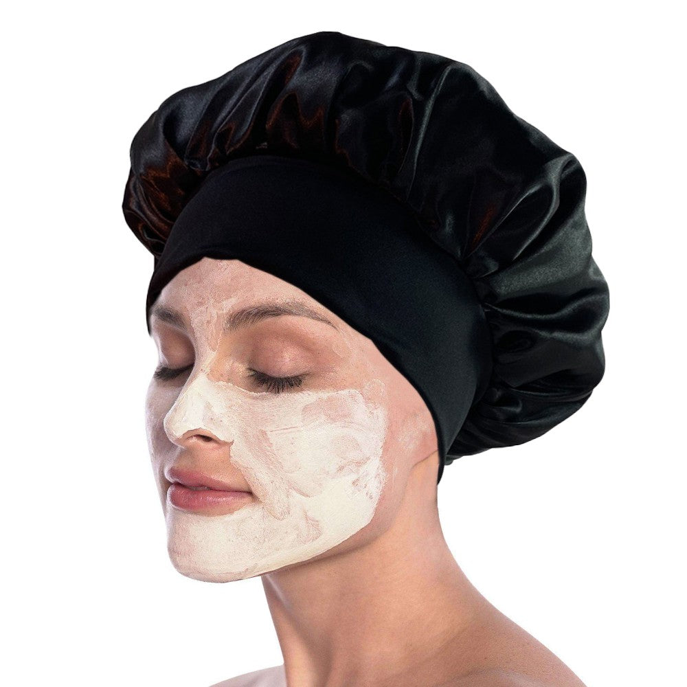 1Pc Women Satin Sleeping Cap Wrap Hair Bonnet Elastic Headwear - Black