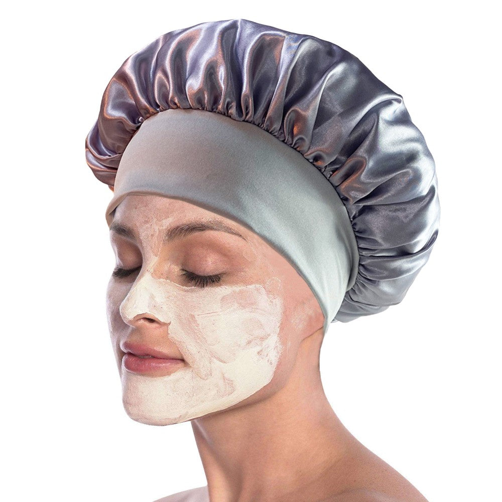 1Pc Women Satin Sleeping Cap Wrap Hair Bonnet Elastic Headwear - Grey