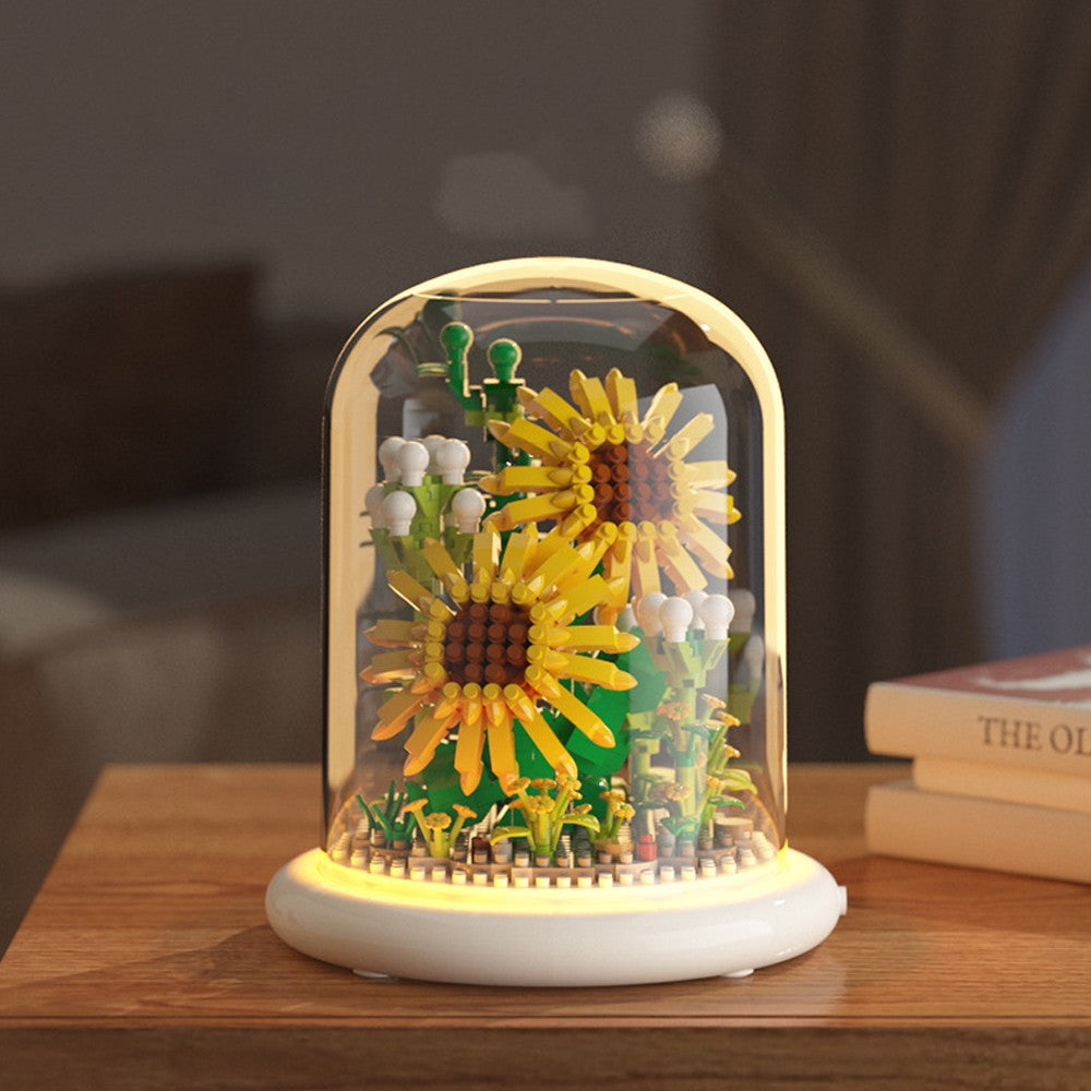 DIY Flower Building Block Kit with Dust Cover Home Ornament - Sunflower