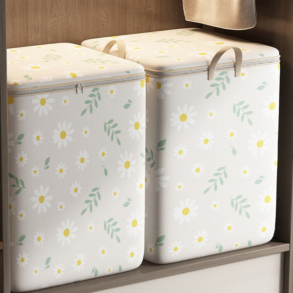 1Pc Large Capacity Storage Bin Non-Woven Fabric Quilt Storage Bag - Beige Daisy