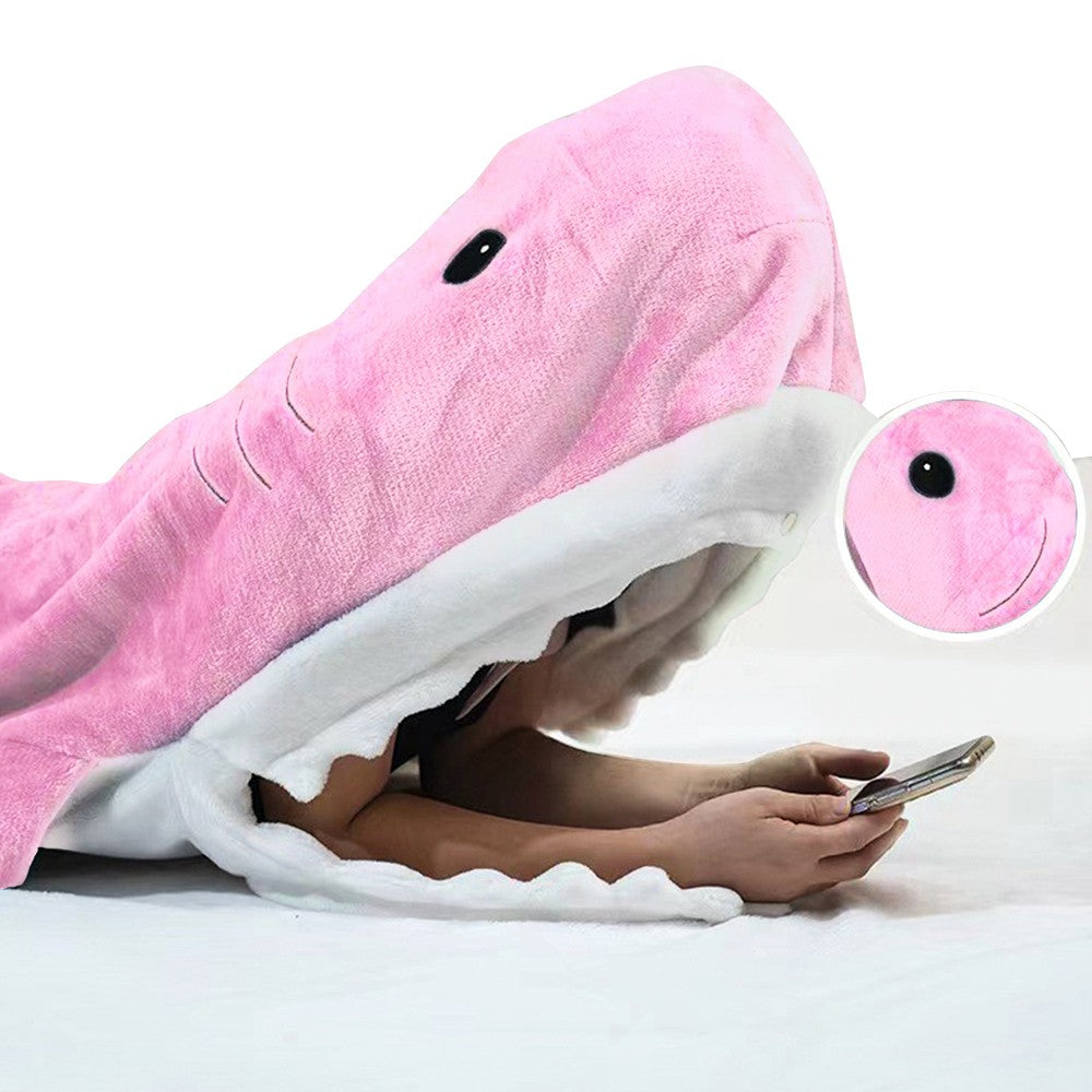190cm Pink Shark Hoodie Blanket Flannel Hooded Blanket Wearable Throw Blanket