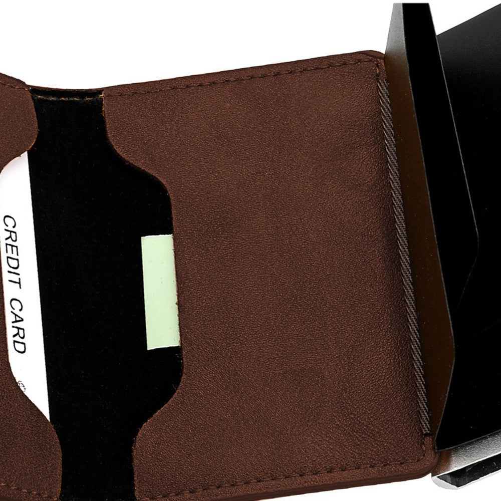 1Pc Mens Pop-up RFID Blocking Card Holder Wallet PU Leather Purse - Dark Brown