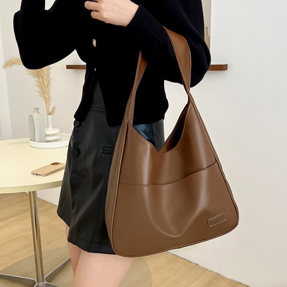 Womens Solid Color PU Leather Tote Bag Shoulder Bag Handbag Work Bag - Brown