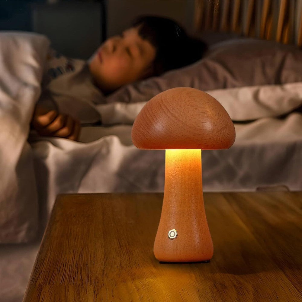 Wooden Mushroom Table Lamp Touch Dimming Night Light Rechargeable Bedside Lamp