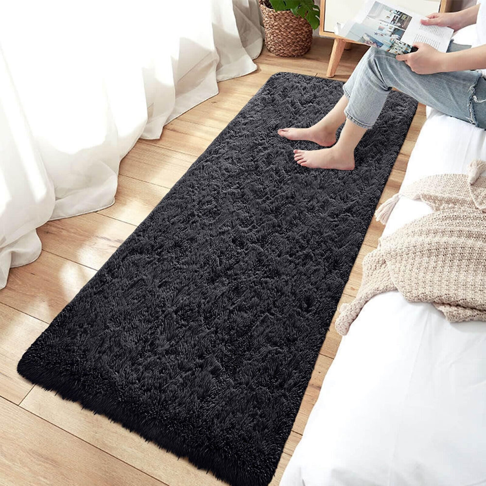 80x200cm Super Soft Shaggy Rug Fluffy Carpets Non Slip Hallway Runner Rug Black