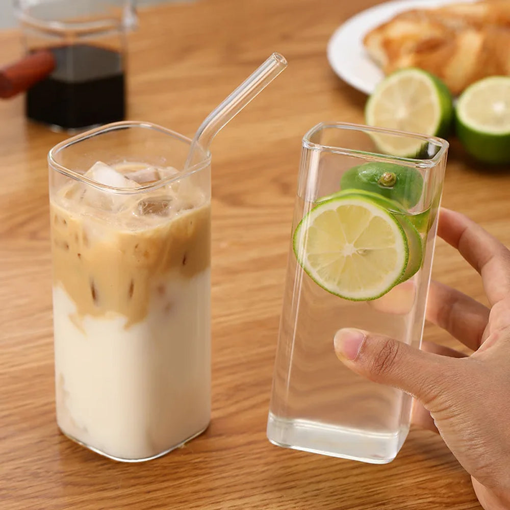 400ML Clear Glass Cup with Lid and Straw Square Glass Water Glass