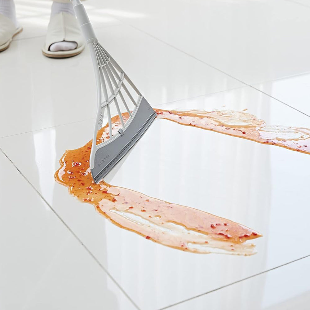 Broom with Foldable Standing Dustpan and Scraper Broom for Cleaning White