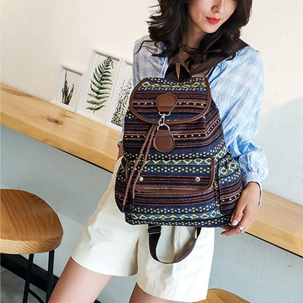 Boho Style Flap Drawstring Backpack Shoulder Bag Outdoor Travel Bag Blue