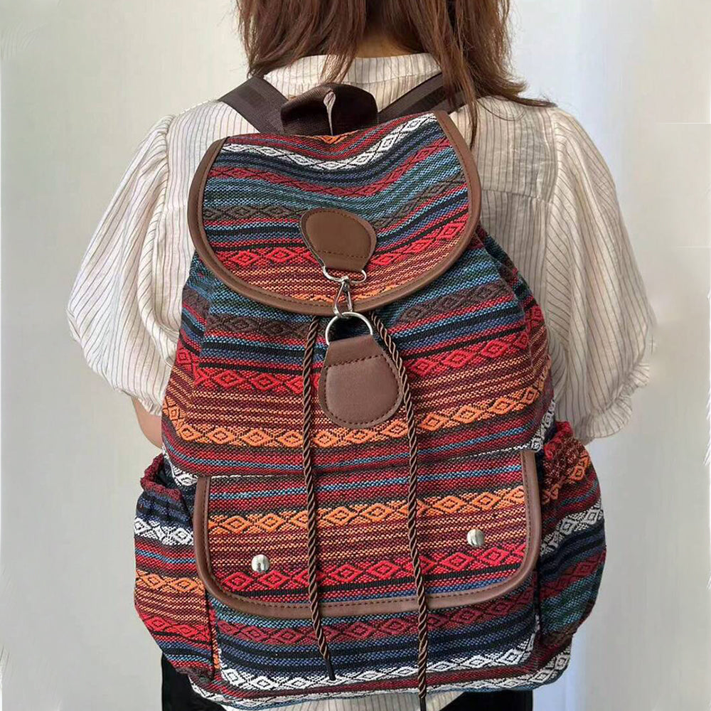 Boho Style Flap Drawstring Backpack Shoulder Bag Outdoor Travel Bag Red