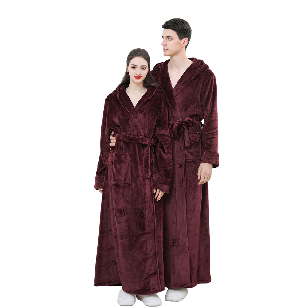 Winter Warm Flannel Hooded Fleece Long Bathrobe Lovers Sleepwear Dark Red